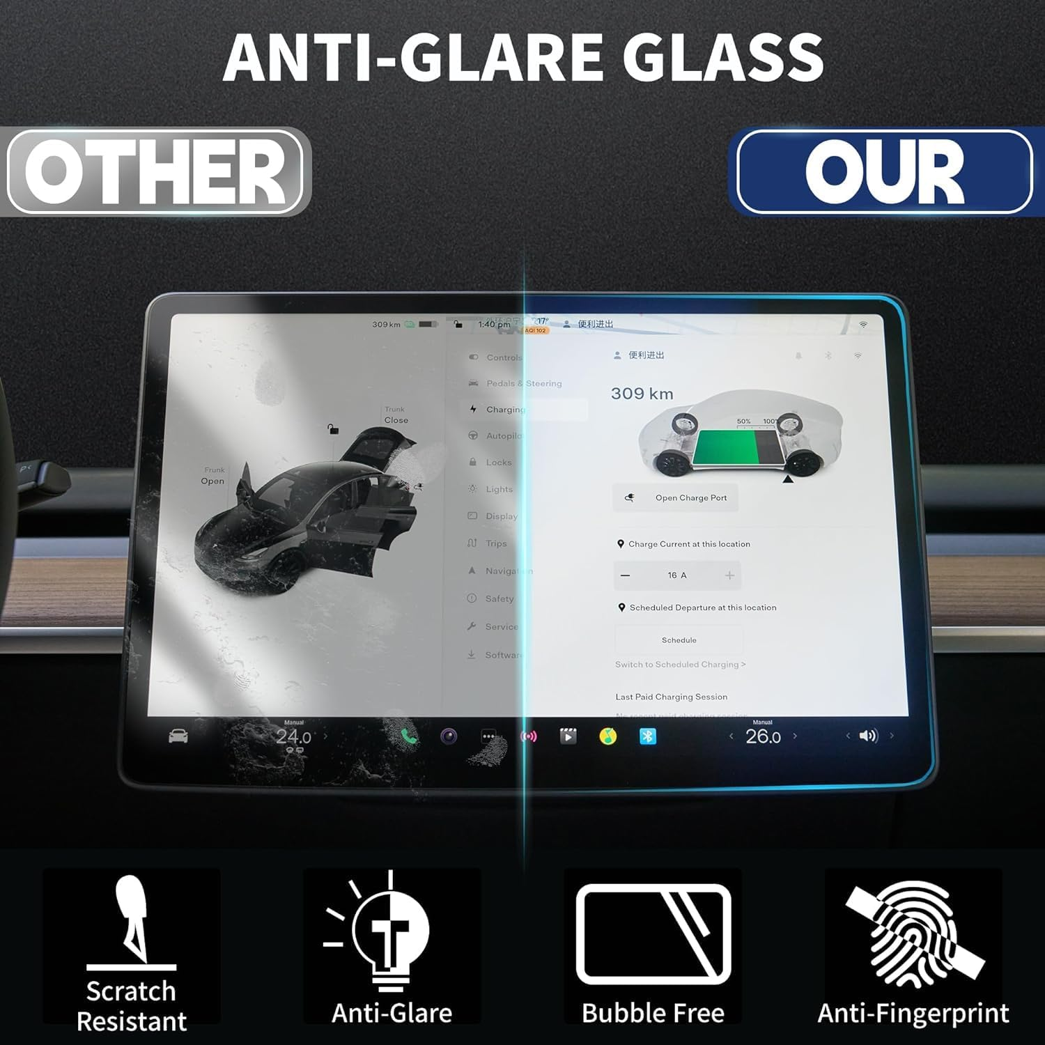 Tempered Glass Screen Protector for Tesla Model S/Model X, Ultra-Sensitive Anti-Fingerprint High-Definition Screen Protector, Center Console Screen Guard (Model S/Model X) image number 3