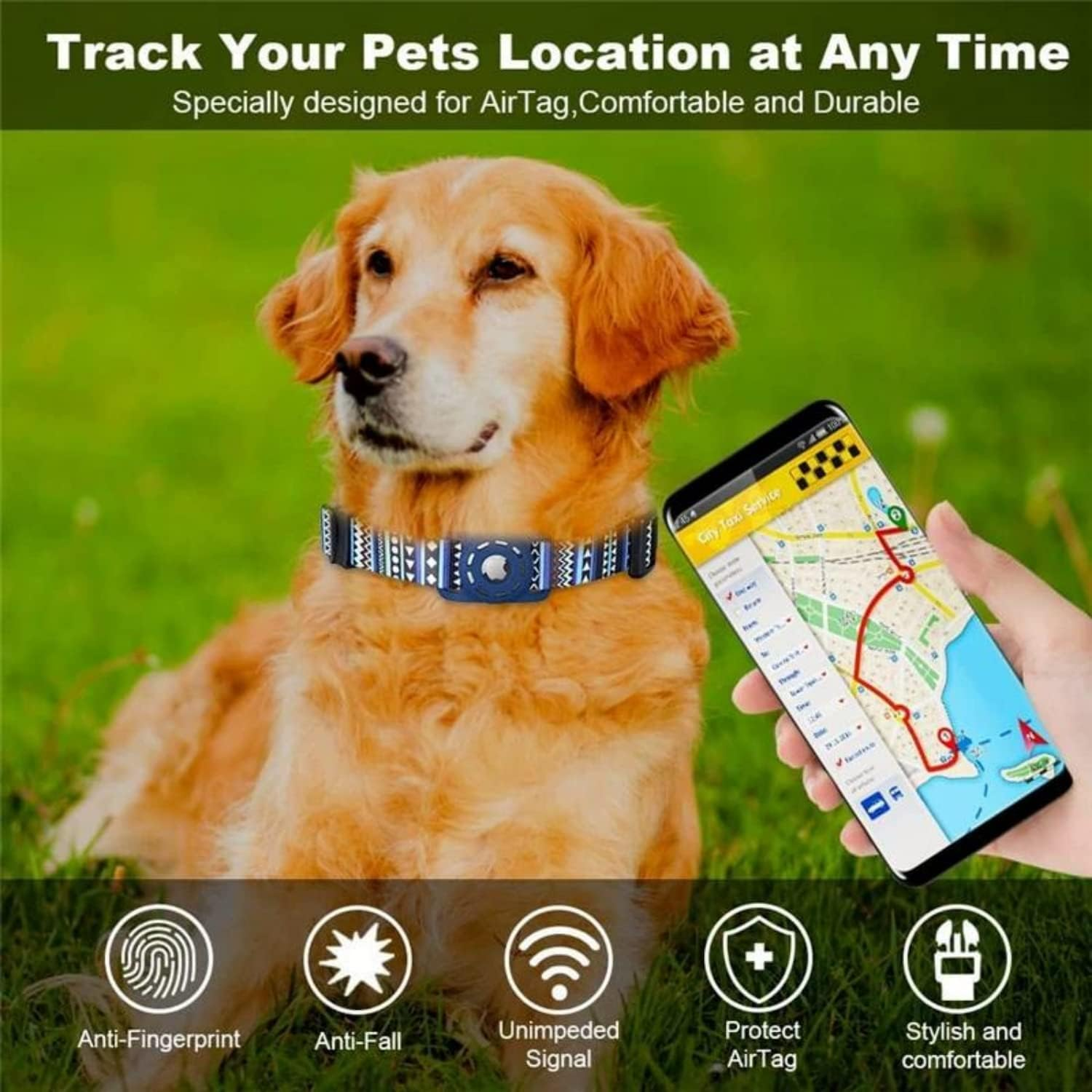 PUSHY. D Airtag Cat & Dog Collar Bohemian Soft Rubber Airtag Protective Case Polyester Dog Collar Adjustable Soft Ethnic Style Colar Suitable for Large, Medium and Small Dogs and Cats(Blue,M) image number 4