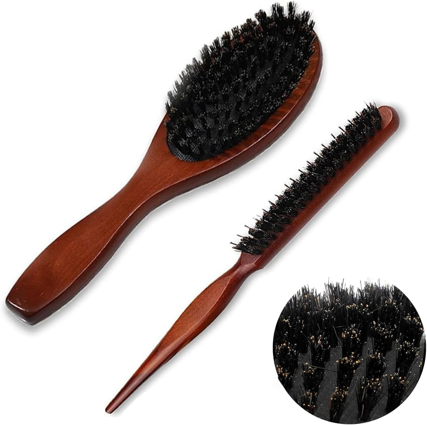Lxcshljx 2 Pcs Bristle Brush, Boar Bristle Hair Brush, Boar Bristle round Brush, Teasing Brush for Fine Hair, Slick Back Bristle Hair Brush with Wooden Handle, Teasing Comb for Women Thin Thick Hair image number 2