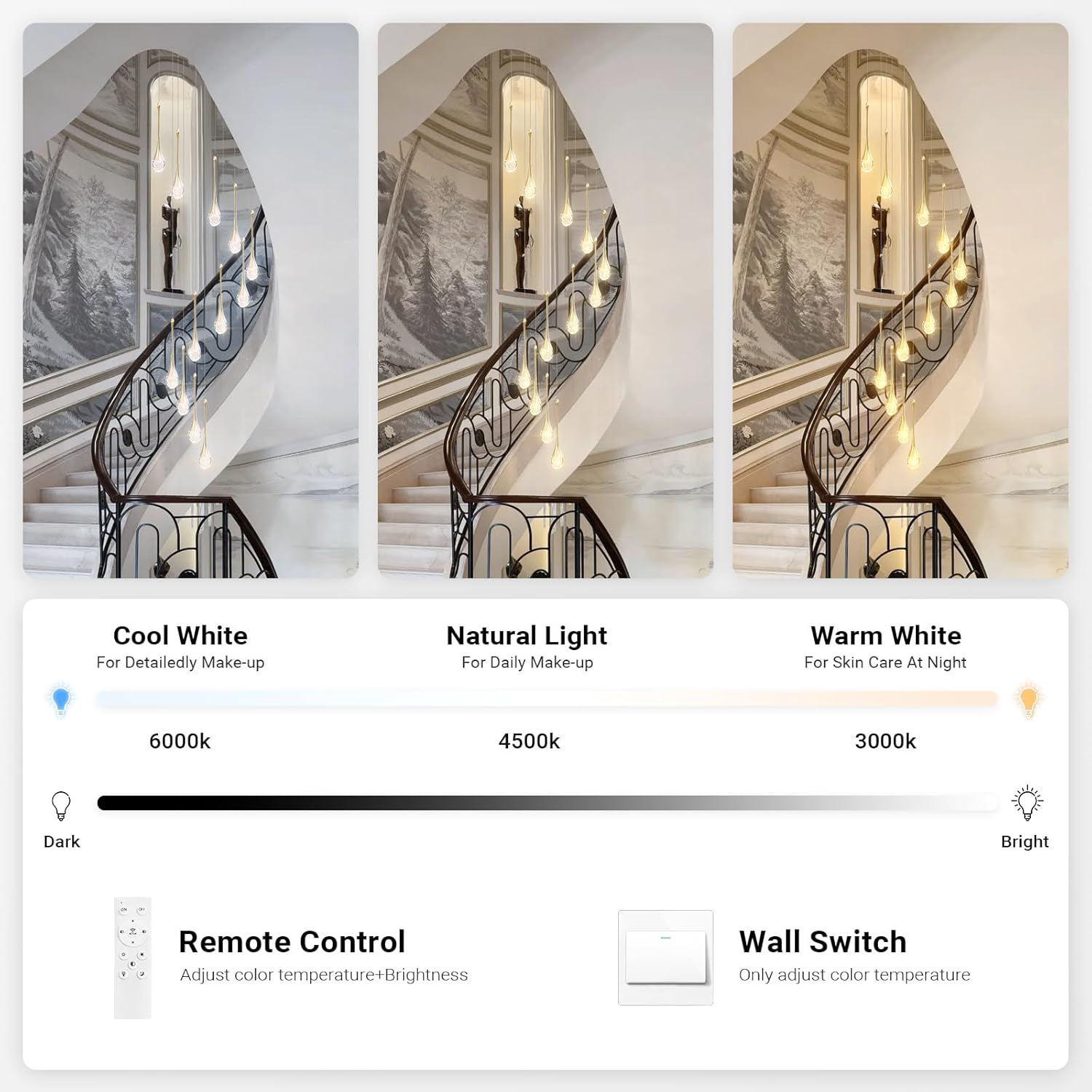 USOR 12-Light High Ceiling Chandeliers LED Modern Gold Crystal Raindrop Chandelier for Staircase Entryway 3 Colors Dimmable Spiral Large Pendant Light Luxury Chandelier for Living Room Lobby Remote image number 5