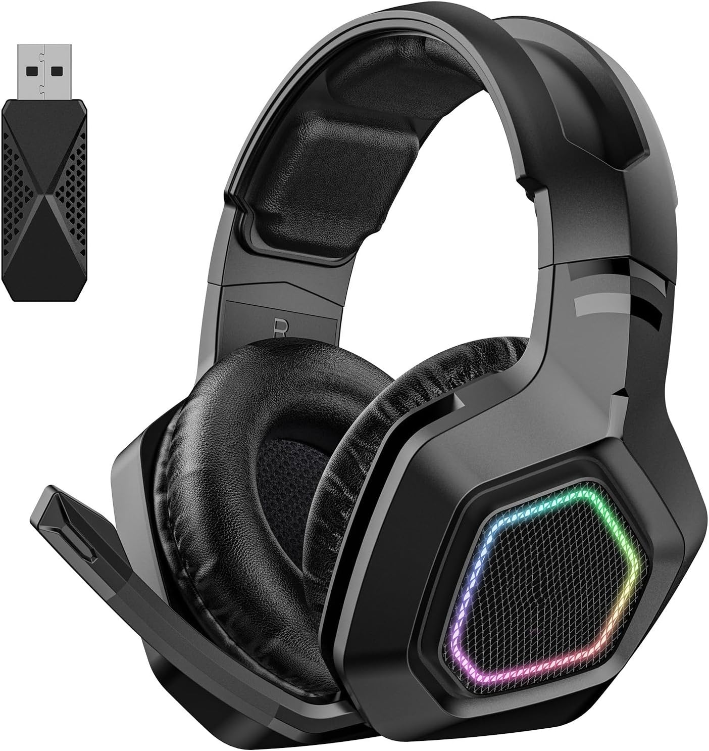 Wireless Gaming Headset, 2.4Ghz Wireless Bluetooth Gaming Headphone with Noise Canceling Microphone, 1000Mah Battery & RGB Light, 3.5Mm Wired Gamer Headset for PC, for PS5, For