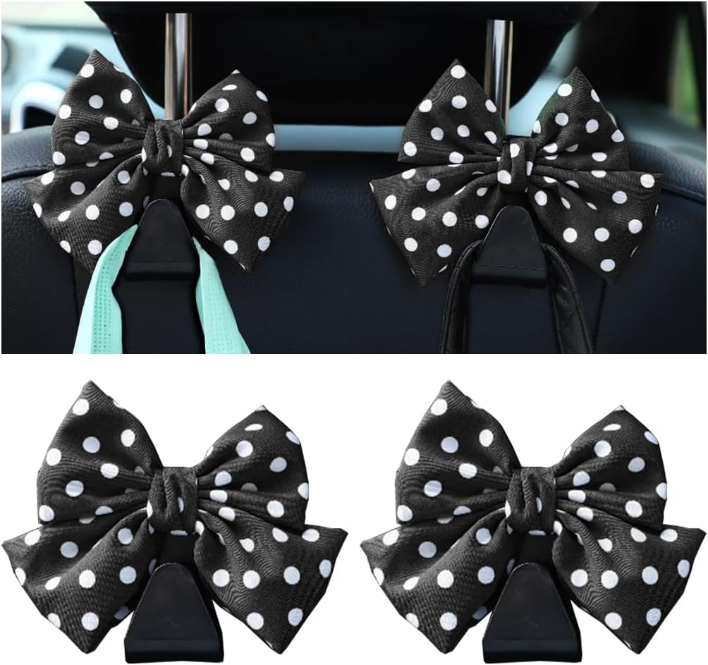 Mandark 2PCS Car Seat Headrest Hooks, Cute Bow Vehicle Hooks for Purses and Bags, Automotive Purse Hook Hanger Interior Decoration Accessories, Universal for SUV, Sedan, Truck (Black Line)