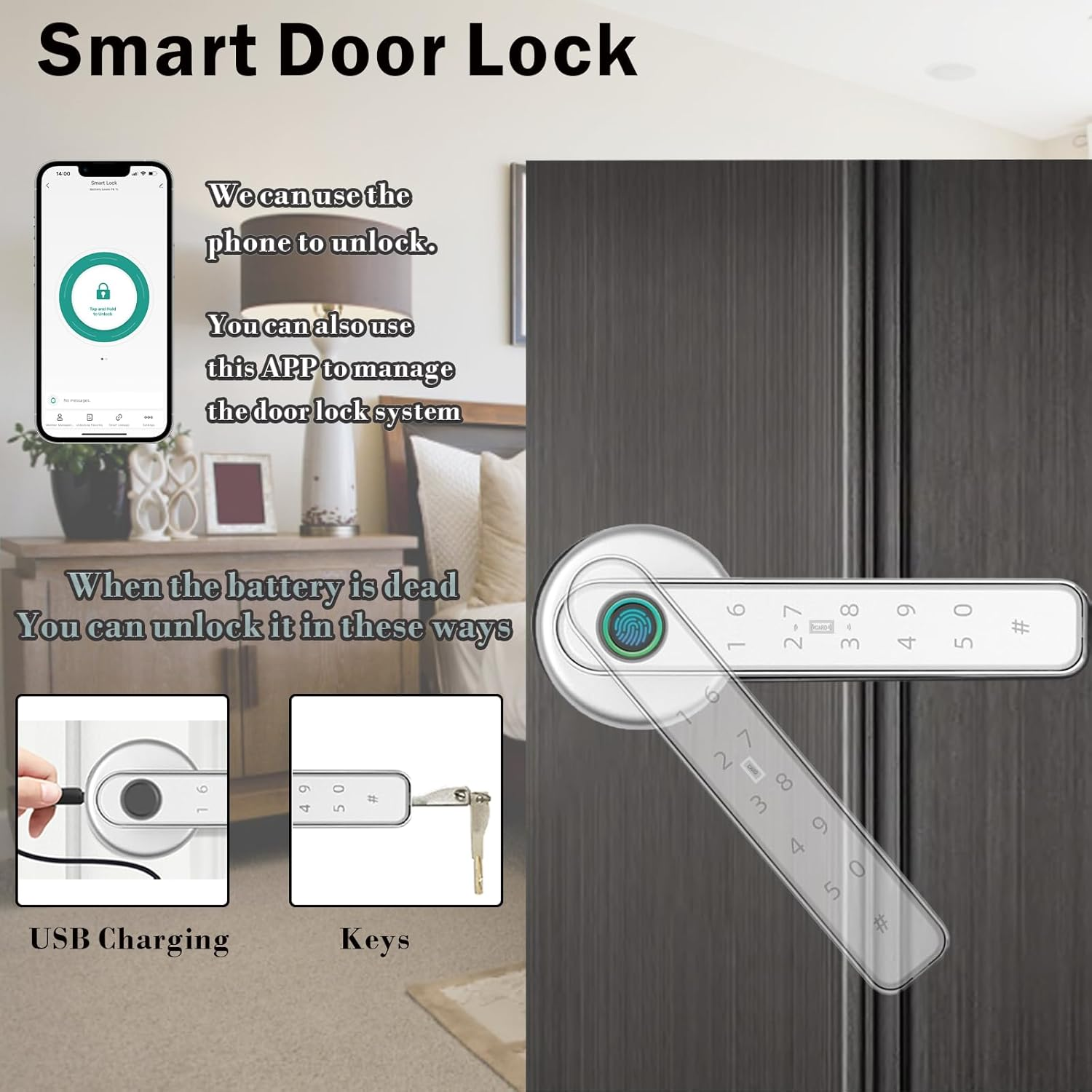 Fingerprint Door Lock, 5 in 1 Smart Door Handle with Smart App/Fingerprint/Ic Cards/Password/Backup Keys, Smart Door Lock with Keypad,Sliver. image number 5