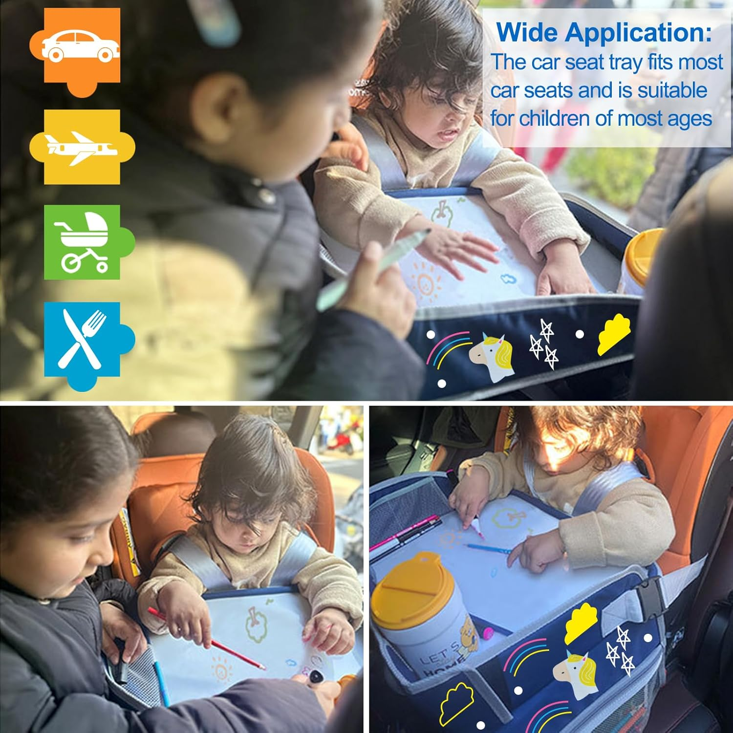 Kids Travel Tray, Car Seat Play Tray for Toddler, Auto Backseat Table Holder Tray for Kids Roadtrip Essentials, Adjustable Portable Children Car Desk Organizer (Blue) image number 4