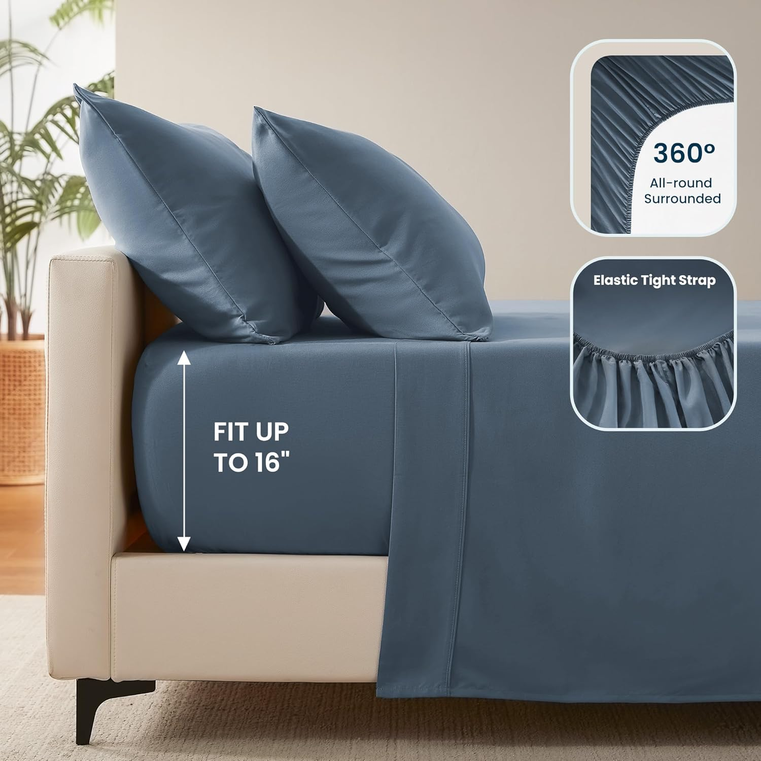 Sleep Zone Nanotex Super Soft Cooling Queen Bed Sheets Set 4 Piece - Easy Care Fitted Flat Sheet & Pillowcase Sets - Wrinkle Free, Fade Resistant, Deep Pocket 16" (Flint Blue, Queen) image number 6