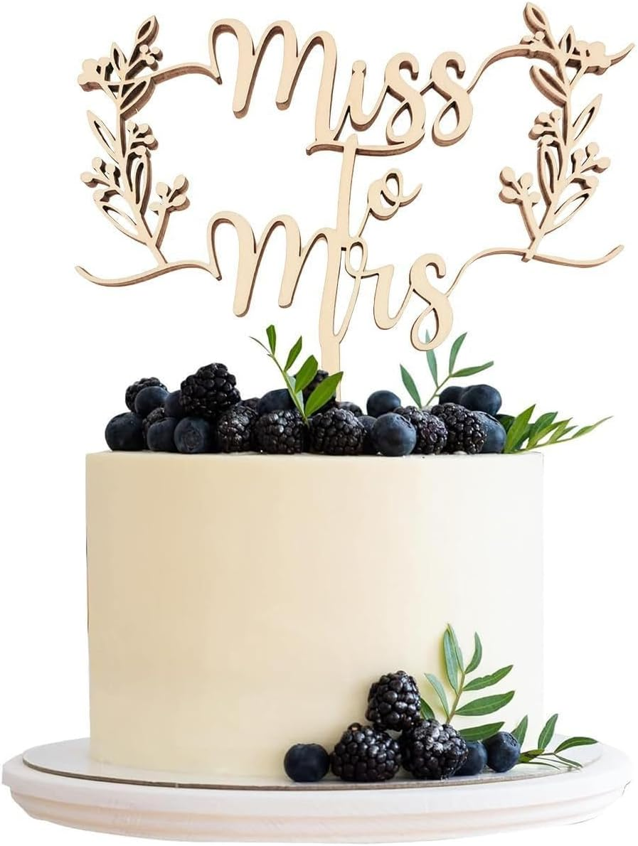 Miss to Mrs. Bride Wedding Cake Top, Elegant Wooden Flower Design, Suitable for Rural Wedding Party Decoration, Perfect for Bridal Shower and Celebration Cake Decoration image number 4