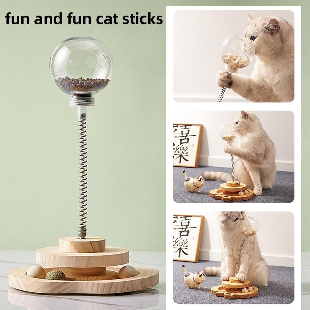 Interactive Cat Feeder Toys for Indoor Cats, Cat Ball Toy Cat Treat Dispenser Leaking Food Ball, Slow Feeders Spring Toys Wooden Automatic Cat Toy Cat Puzzle Feeder Toy /1623 image number 4