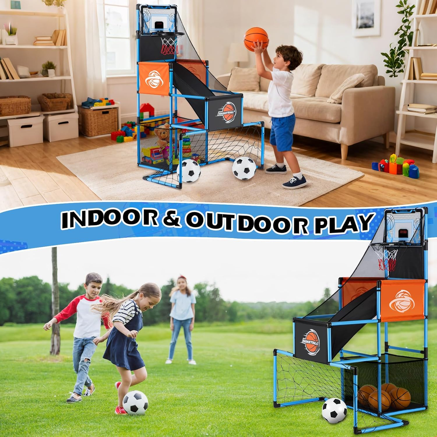 2 in 1 Basketball Arcade Game & Soccer Goal for Kids, Adjustable Kid Basketball Hoop with 6 Balls and Pump, Indoor Outdoor Games for Kid Toys for 3-12 Year Old Kids Birthday Gifts for Boys Girls