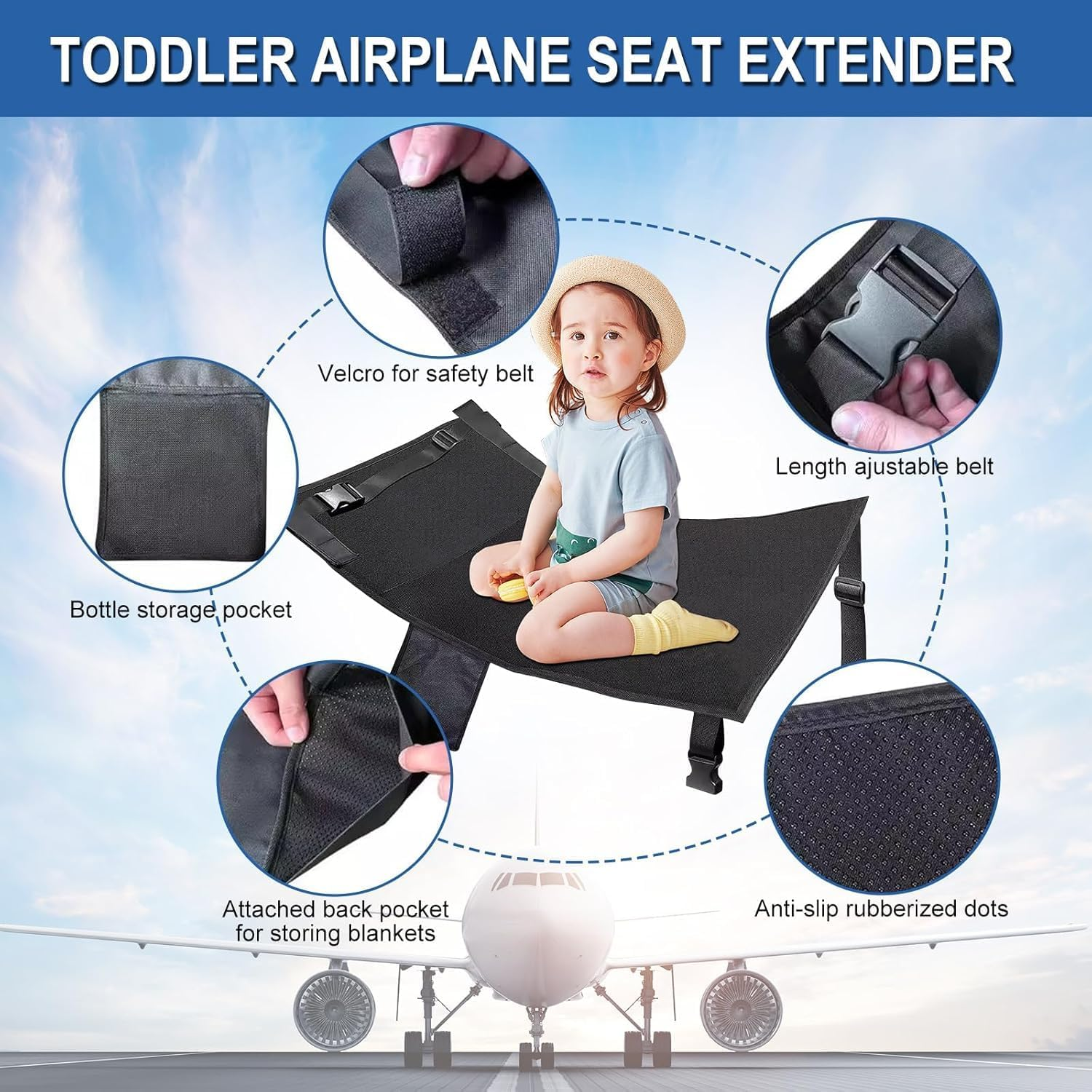 Airplane Bed for Toddler 79 * 44Cm, Airplane Seat Extender for Kids,Plane Travel Essentials for Travel Waterproof Lightweight Plane Foot Hammock Suitable for All Aircraft Seats image number 1