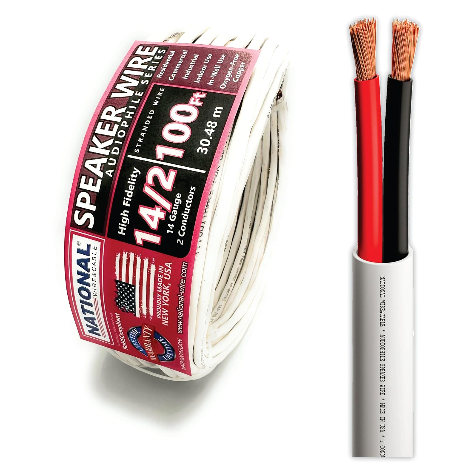 NATIONAL Wire&Cable - 14/2 Audiophile Speaker Wire (200 Feet) 14AWG Gauge - Made in USA - in Wall Audio Speaker Wire Cable/Cl Rated/Etl Listed / 2 Conductors - OFC Oxygen-Free Copper, White 200Ft