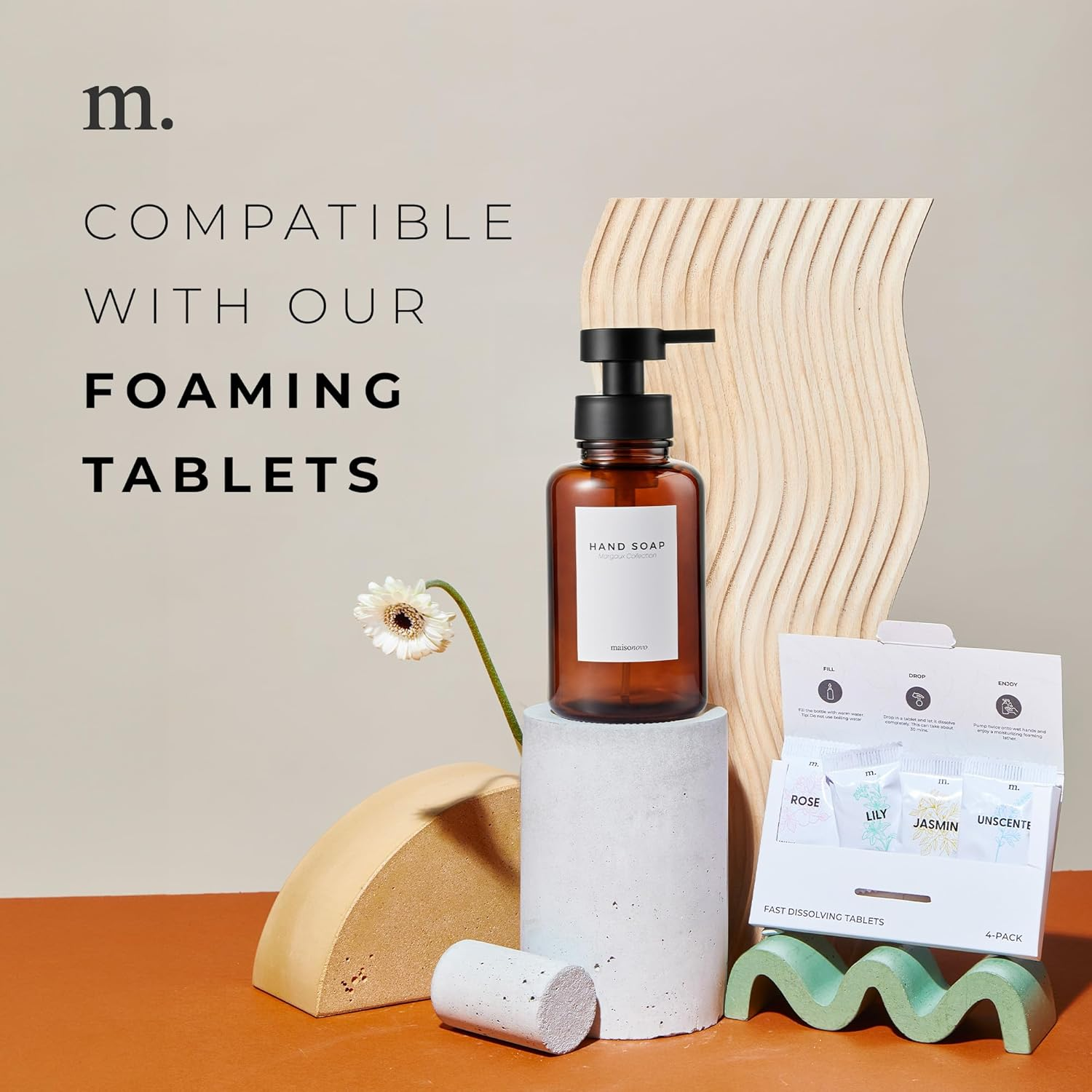 Maisonovo Glass Foaming Soap Dispenser 14 Oz | Amber Glass Black Pumps X 2