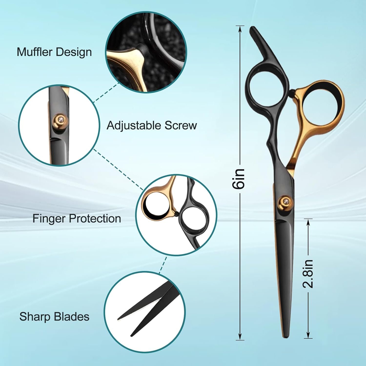 Vivva Hair Cutting Scissors Kits, 9Pcs Stainless Steel Hairdressing Shears Set Professional Thinning Scissors for Barber/Salon/Home/Men/Women/Kids/Adults Shear Sets (Black&Gold) - Blue image number 4
