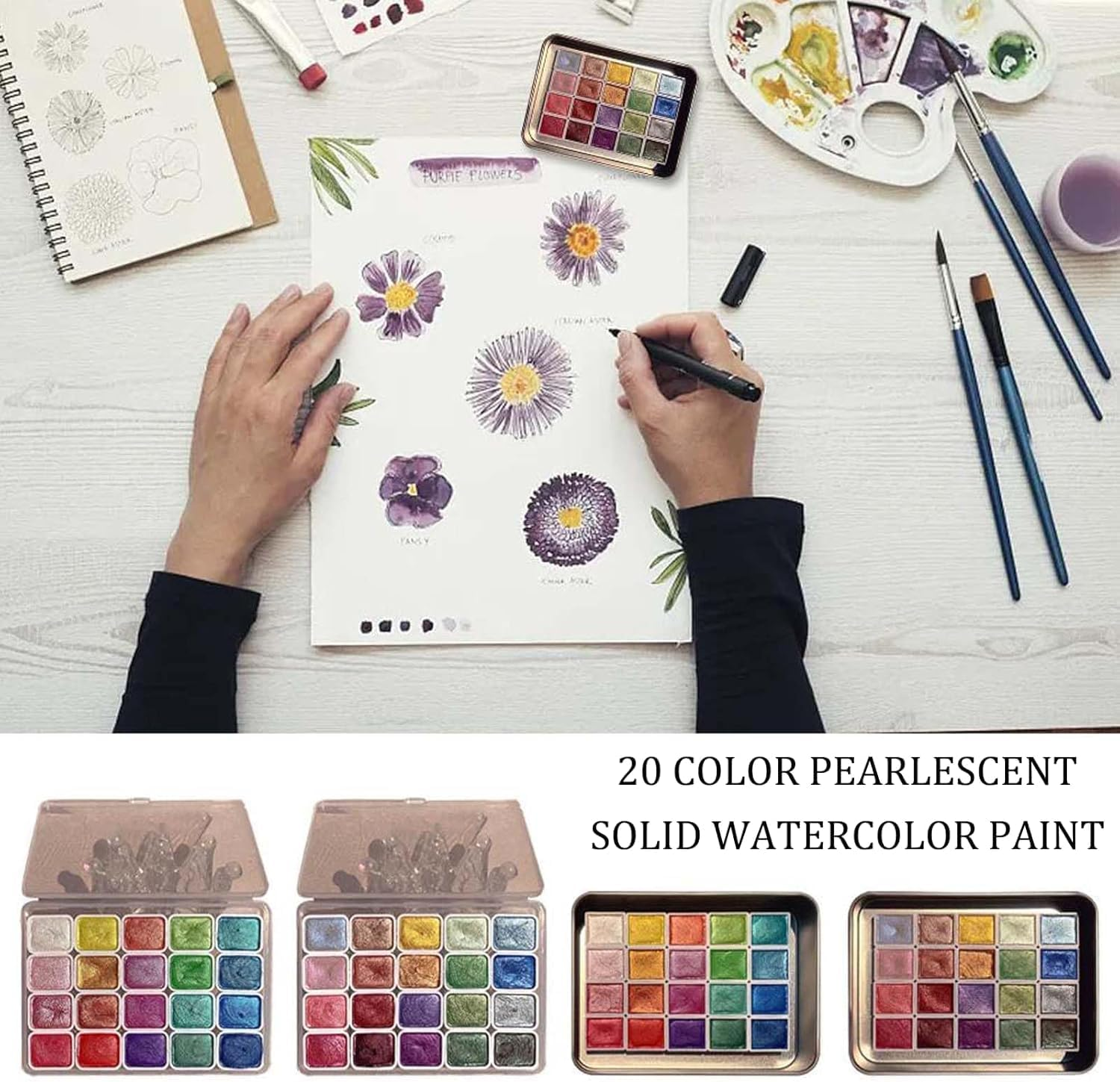 Shifting Watercolor Painting Set, Color Shifting Watercolor Paint, 20 Colors Shimmer Watercolor Paints, Glitter Water Colour Solid Paint Box, Glitter Watercolor Paint for Beginners Artists image number 6