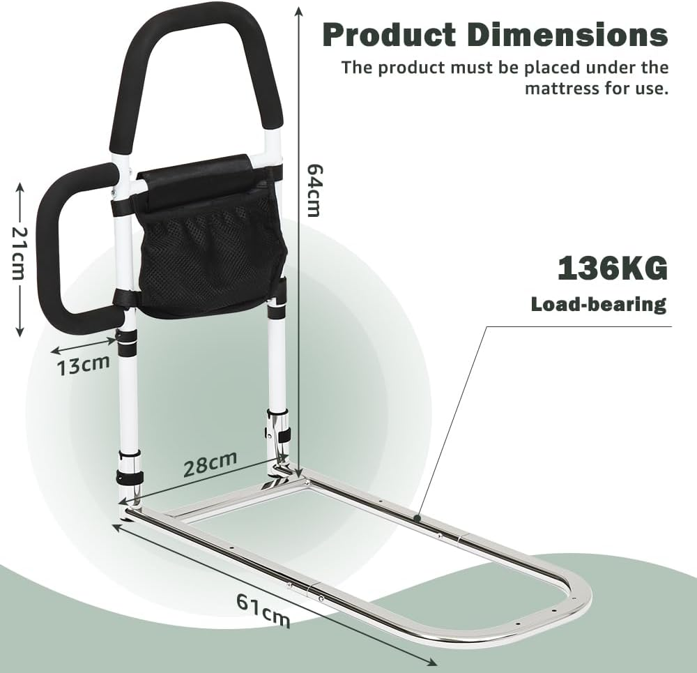 Kokorona Bed Rail for Elderly Adults, Bed Assist Rail for Seniors with Dual Grab Handles, Side Bed Guard Rails with Storage Pocket, Safety Bed Rail under Mattress, Loading 136KG