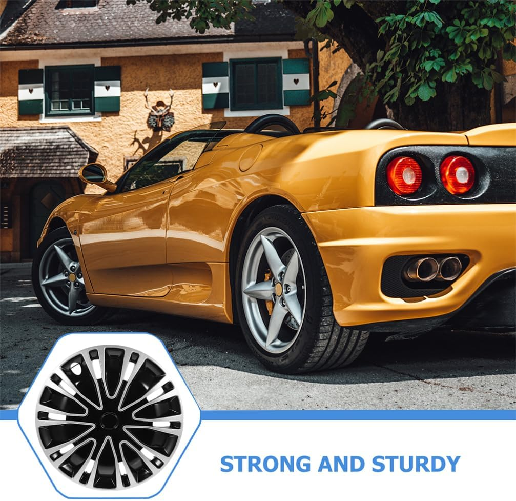 GLEAVI 14 Inch Hubcaps Wheel Cover Black & Silver Universal Wheel Rim Cover Wheel Covers Exterior Accessories for Most Cars