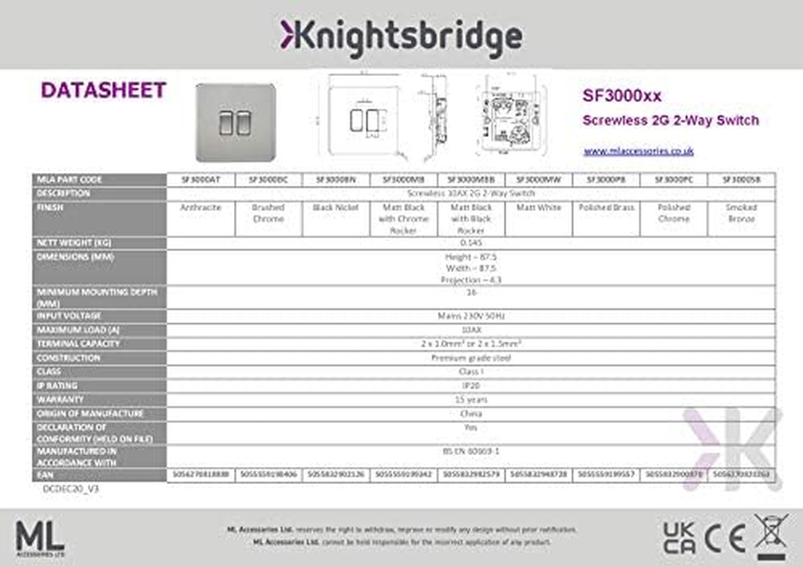 Knightsbridge SF3000PB Screwless 10 a 2-Gang 2 Way Switch, Polished Brass image number 3