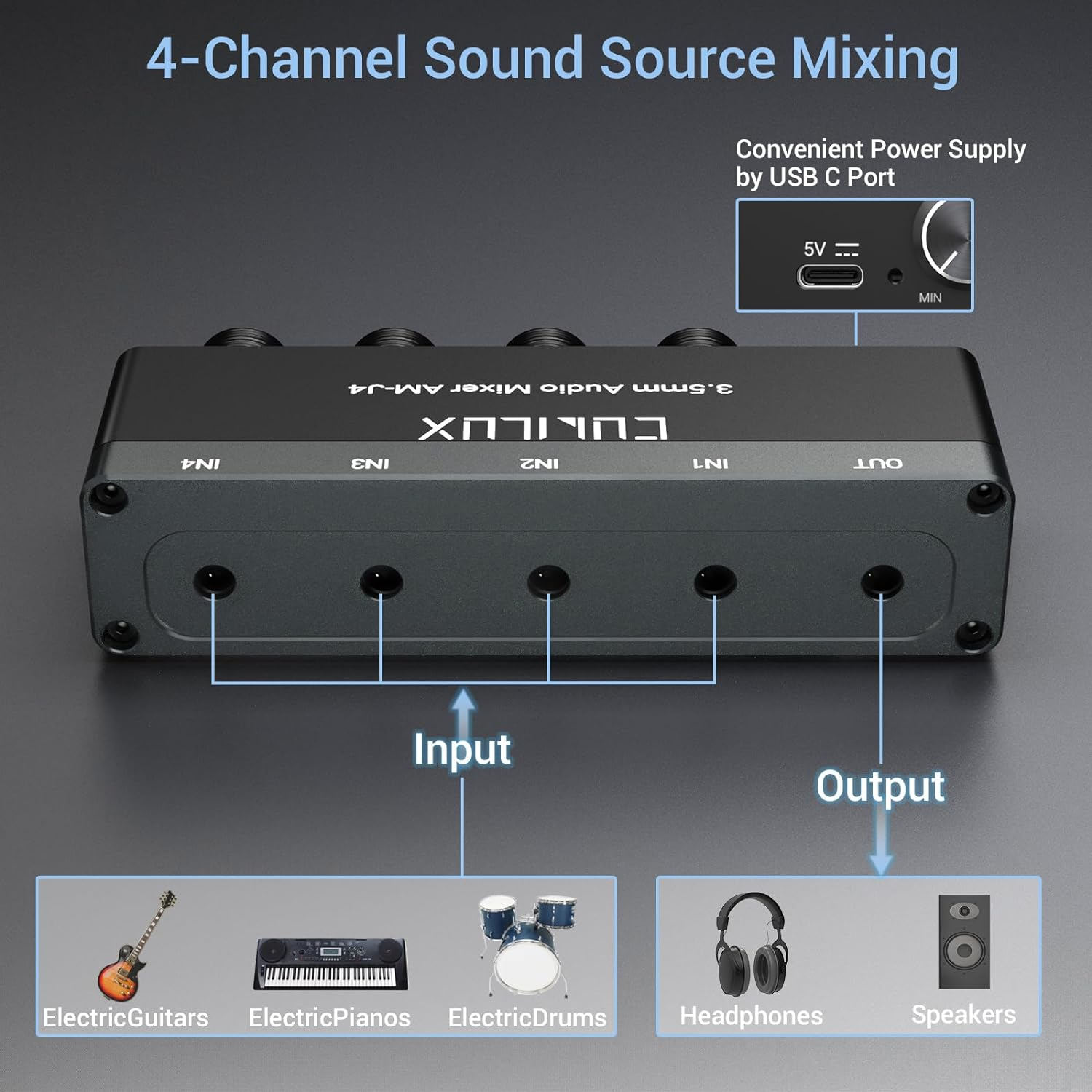 Cubilux 4-Channel 3.5Mm Audio Mixer, Ultra-Low-Noise Mini Audio Mixer for Sub-Mixing, 1/8 TS/TRS Input, Stereo Switcher Suitable for Guitars, Bass, Keyboards image number 6