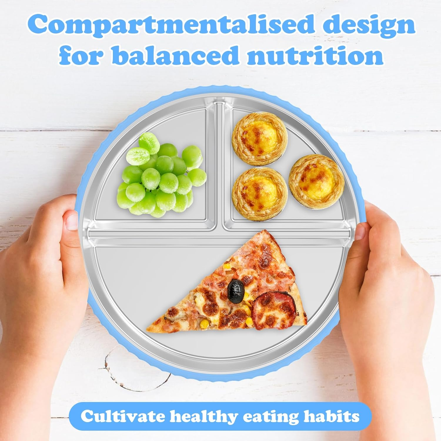 2 Pack Stainless Steel Kids Plates with Suction, 9&rdquo; Divided Toddler Plate with Nonslip Silicone Sleeve, Toddler Utensils Baby Feeding Set, Metal Snack Food Portion Platesfor Baby Led Weaning Supplies