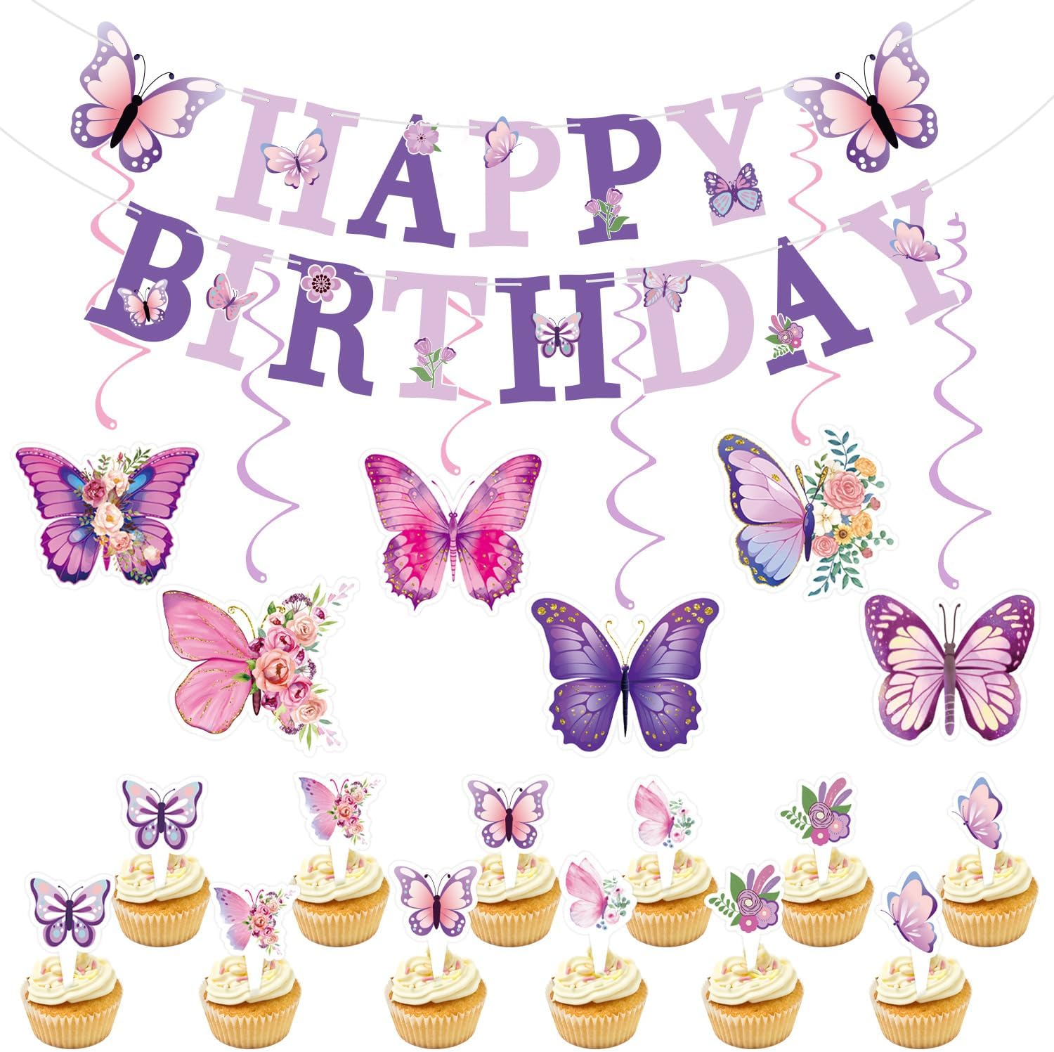 Butterfly Birthday Party Decorations Set, 19 Pieces, Purple and Pink Banner with Hanging Swirls and Cupcake Toppers image number 4