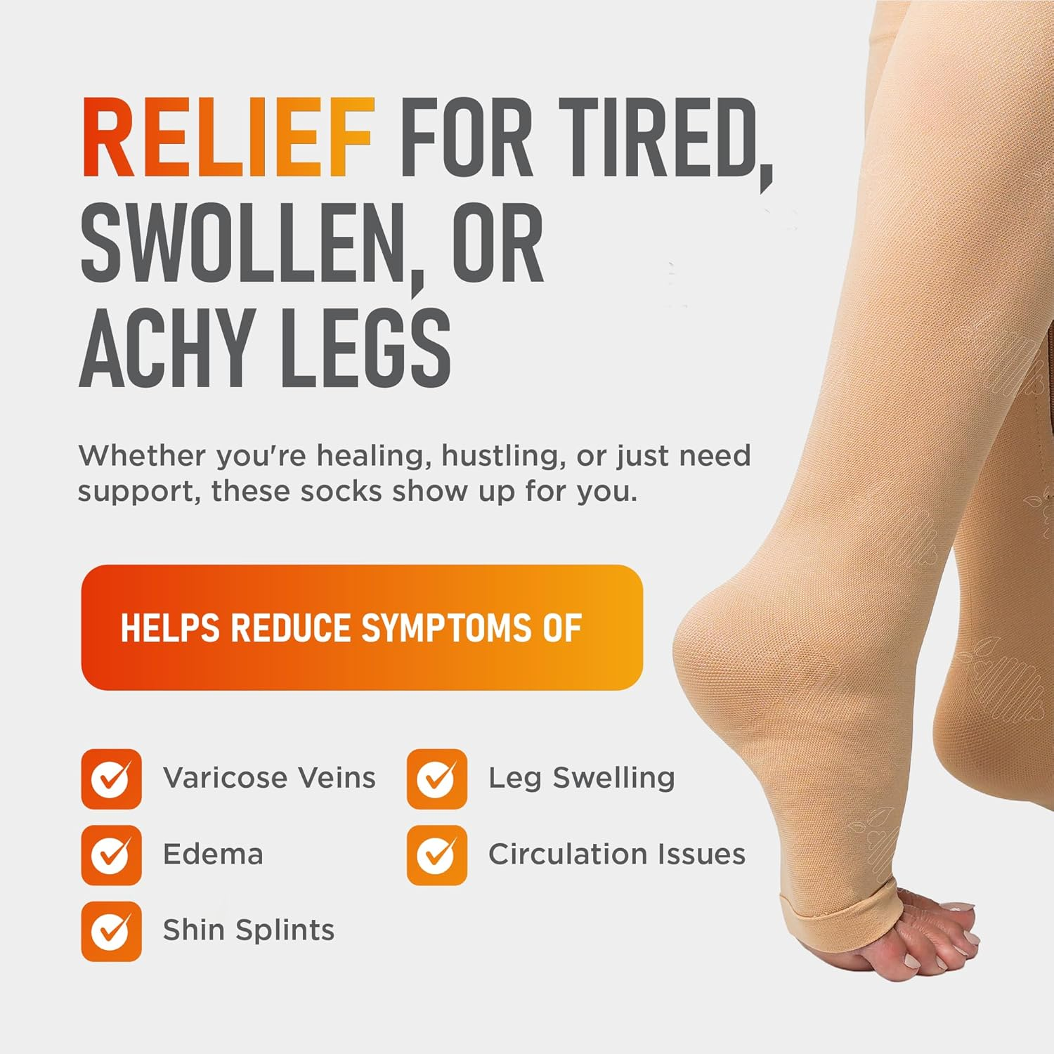 Zipper Compression Socks 15-20Mmhg with Zip Guard Skin Protection & Open Toe Medical Zippered Compression Socks for Men Women image number 3