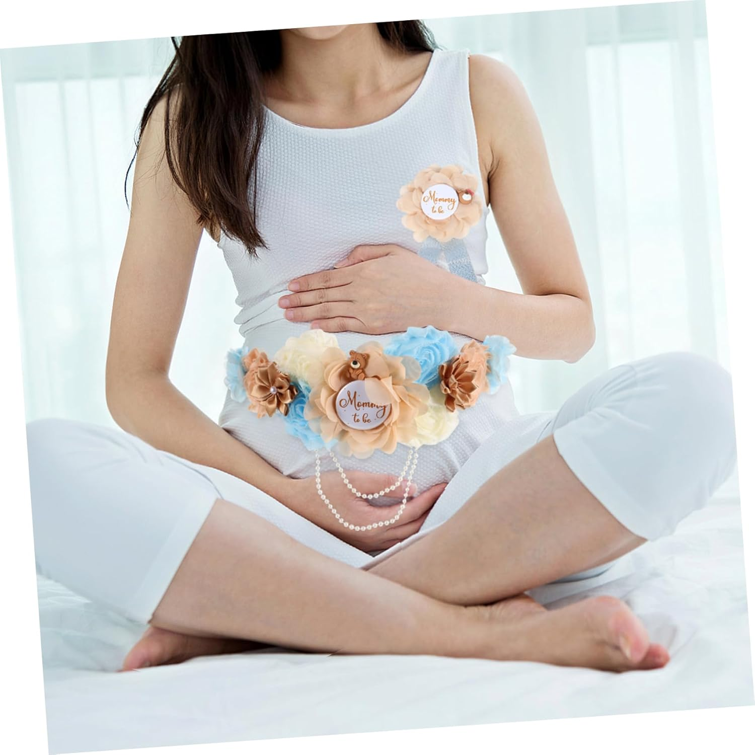 Kisangel Set Maternity Sash and Pins Set Mom Sash with Handmade Corsage for Showers Pregnancy Celebrations and Special Events Fit for Expectant Parents image number 6