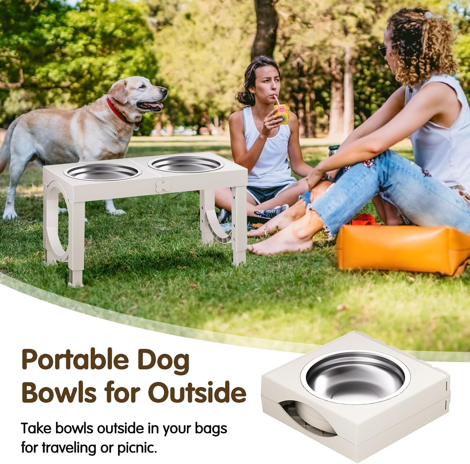 Elevated Dog Bowls for Medium Large Breed Dogs, 4 Height Adjustable Dog Raised Bowls Stand to 9.09", 10.63", 12.20", 13.78", 2 Thick Stainless Steel Dog Food Water Bowls, No Slip Dog Feeder, White - Grey image number 2