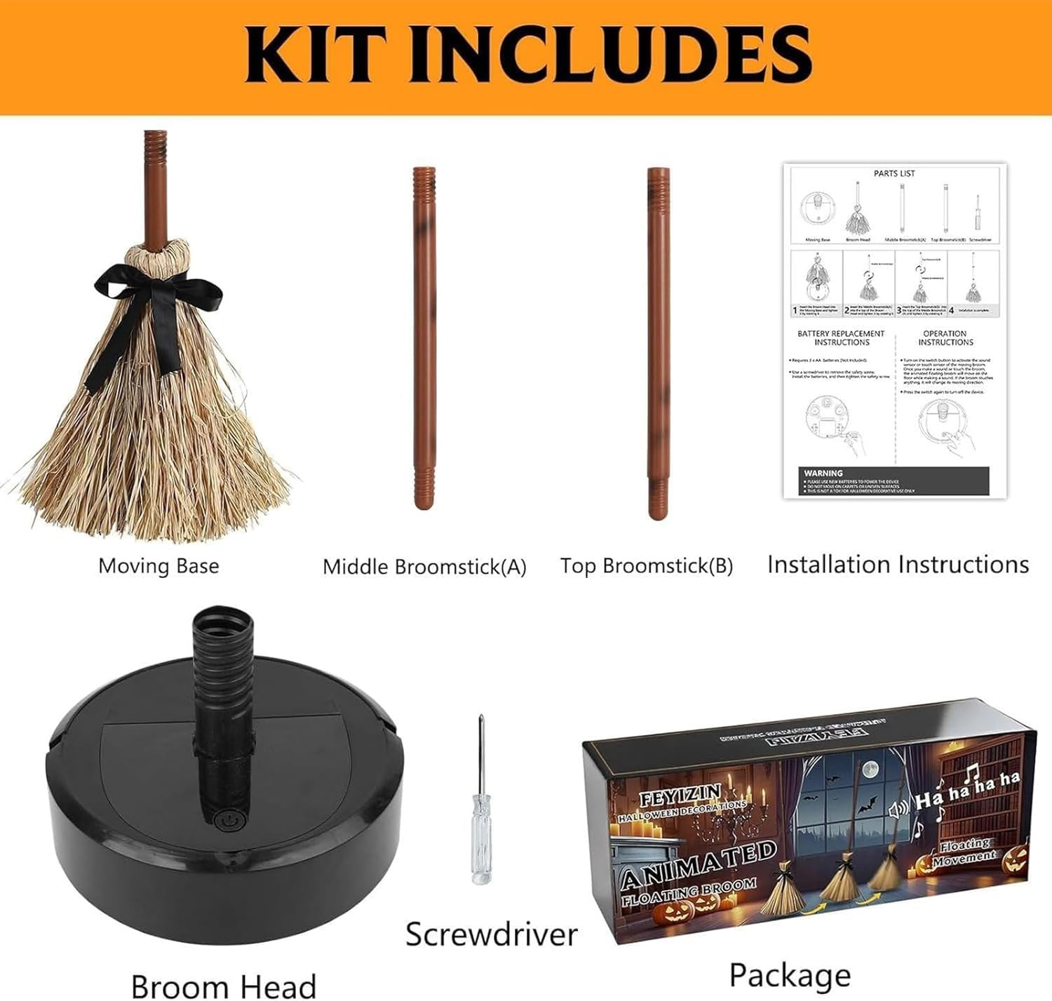 Floating Witch'S Broom Halloween Decorations, Spooky Sounds Haunted Dancing Broom, Animated Witches Moving Scary Decorations Light up Props, Masquerade Accessories