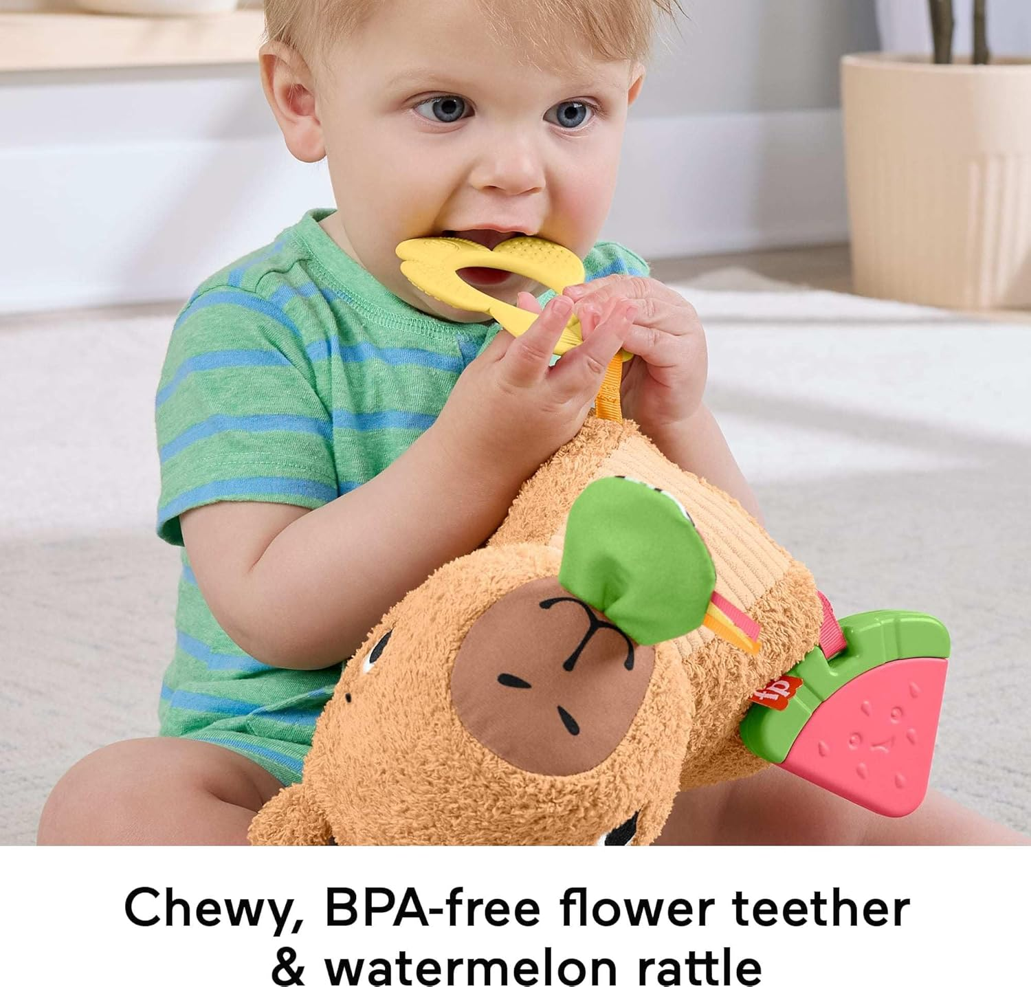 Fisher-Price Baby Sensory Toy Snuggly Snacky Capybara Plush with Newborn Teether & Rattle Activities for Infants Ages 3+ Months