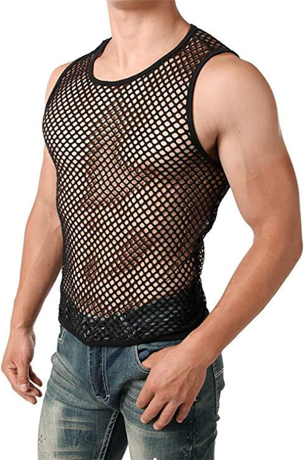 Men'S Mesh Sleeveless Vest See through Fishnet Muscle Vest Underwear Crewneck Hollow Out Tank Workout Casual Tee Tops image number 4