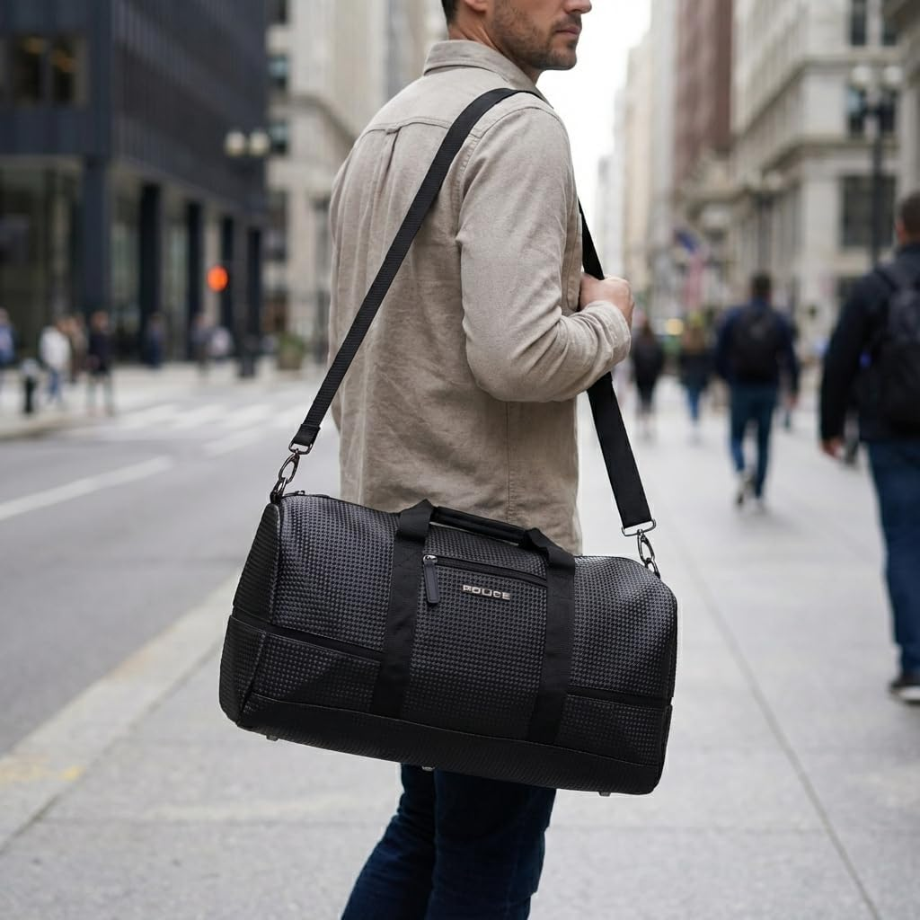 Police Faux Leather Travel Bag for Men and Women, Work Bag for Gym, Weekend, Duffle Bag Black, Black, Hand Luggage, Black, Hand Luggage image number 3