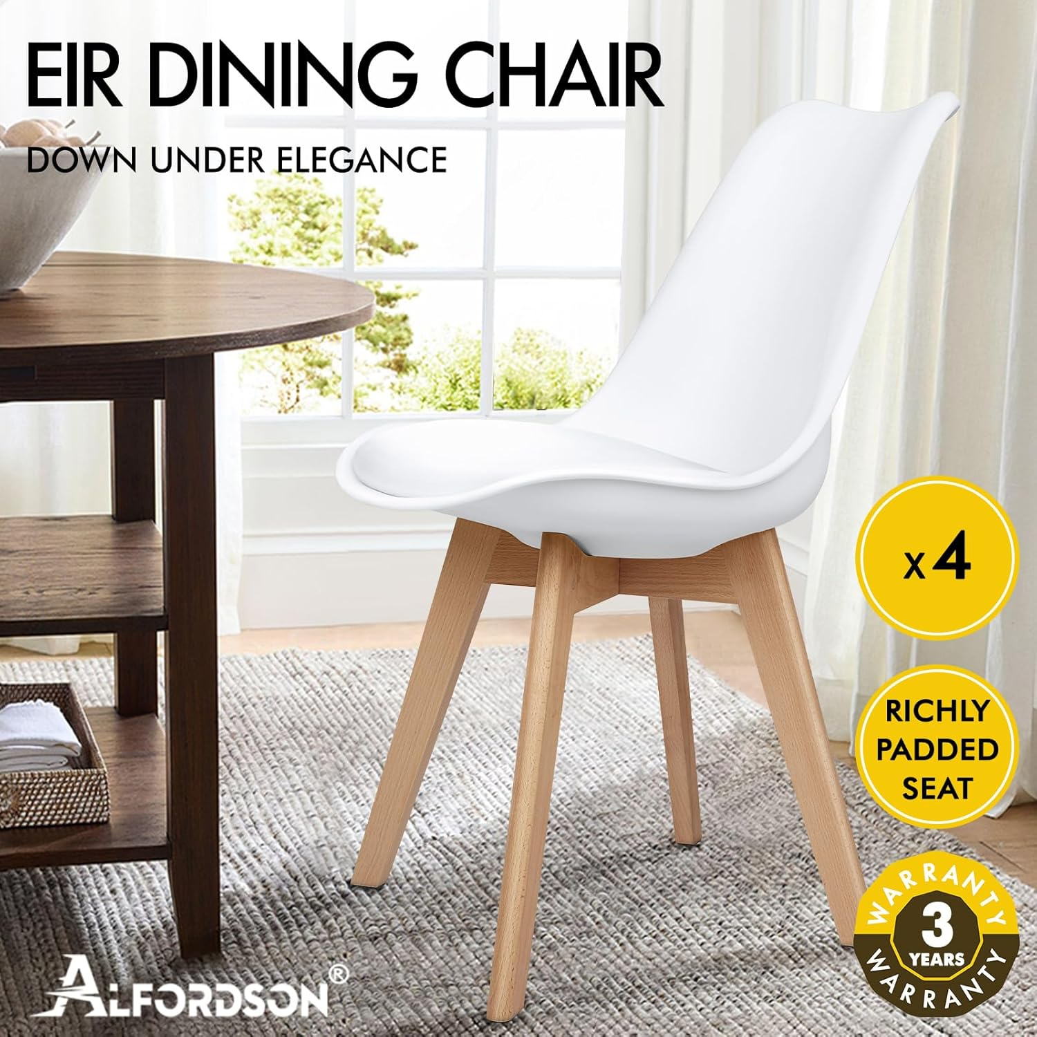 ALFORDSON Dining Chair Set of 4 PU Leather Upholstery with Wood Legs, 4X Kitchen Cafe Chairs with Ergonomic Backrest and Floor Protectors, 150Kg Capacity, White