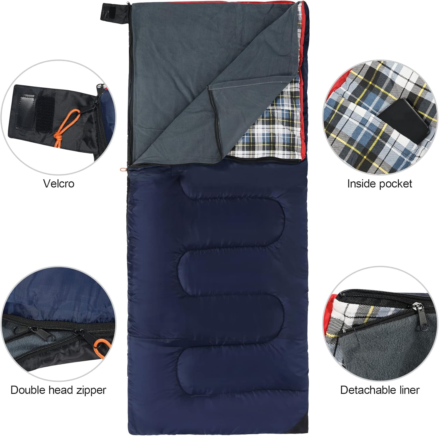 REDCAMP Cotton Flannel Sleeping Bags for Camping, 41F/5C 3-4 Season Warm and Comfortable, Envelope Blue with 2/3/4Lbs Filling (75"X33") - Blue With 4Lbs Filling image number 7