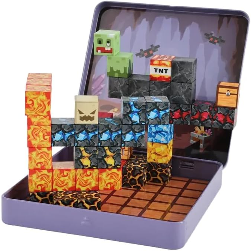Portable Magnetic Blocks - with Iron Box,49Pcs Adventure Themed Magnetic Tiles,Build Mines Cave World Set,Travel Magnet Building Block,Travel Toys, STEM Constructiontoys for Boys & Girls Ages 3+ image number 3