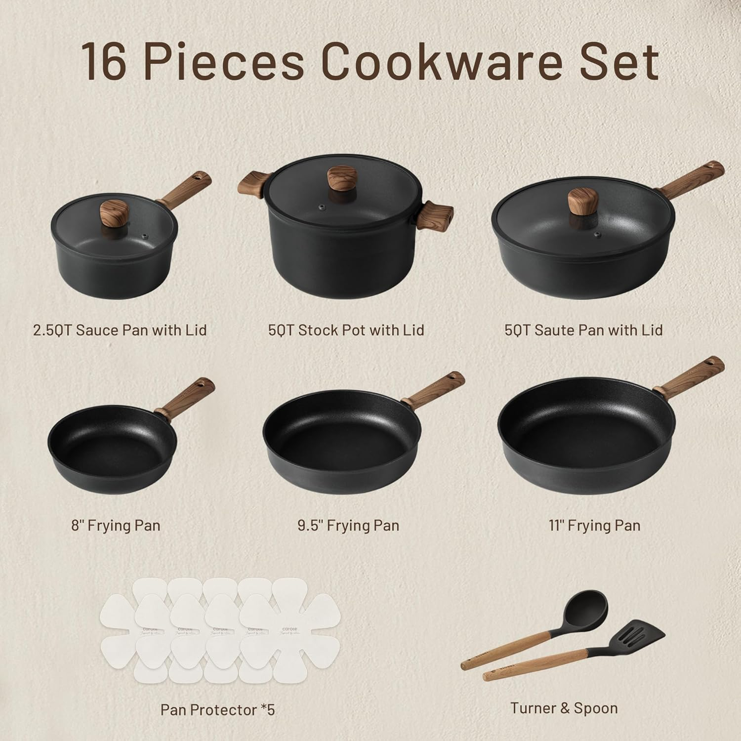 CAROTE 16Pcs Pots and Pans Set Non Stick, Nonstick Kitchen Cookware Sets, Induction Cookware Sets with Stay-Cool Handle, Black image number 1