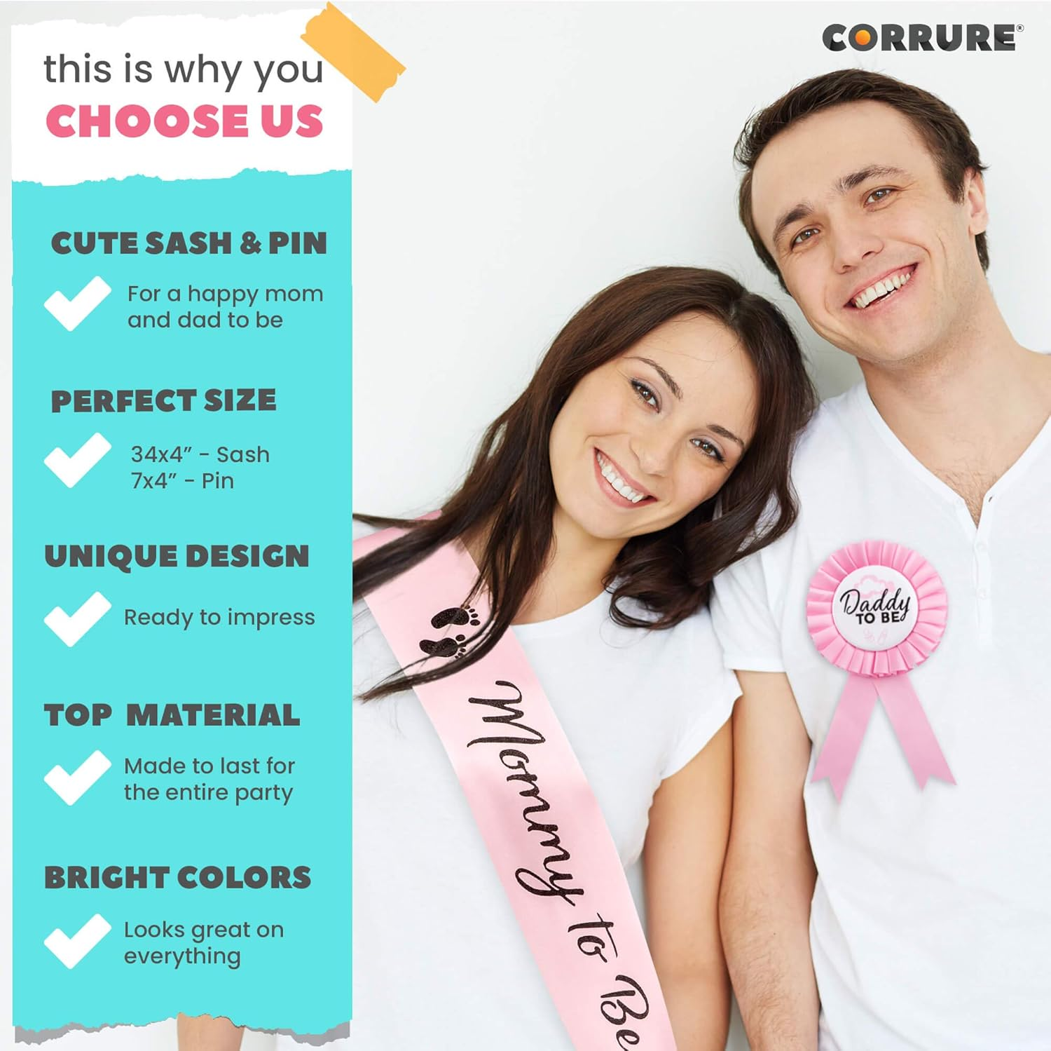 CORRURE Baby Shower Sash and Button Pin for Girl - 'Mommy to Be' Sash and 'Daddy to Be' Pin with Beautiful Pink Ribbon and Black Foil Text - Ideal Mom and Dad Gender Reveal/Baby Shower image number 2