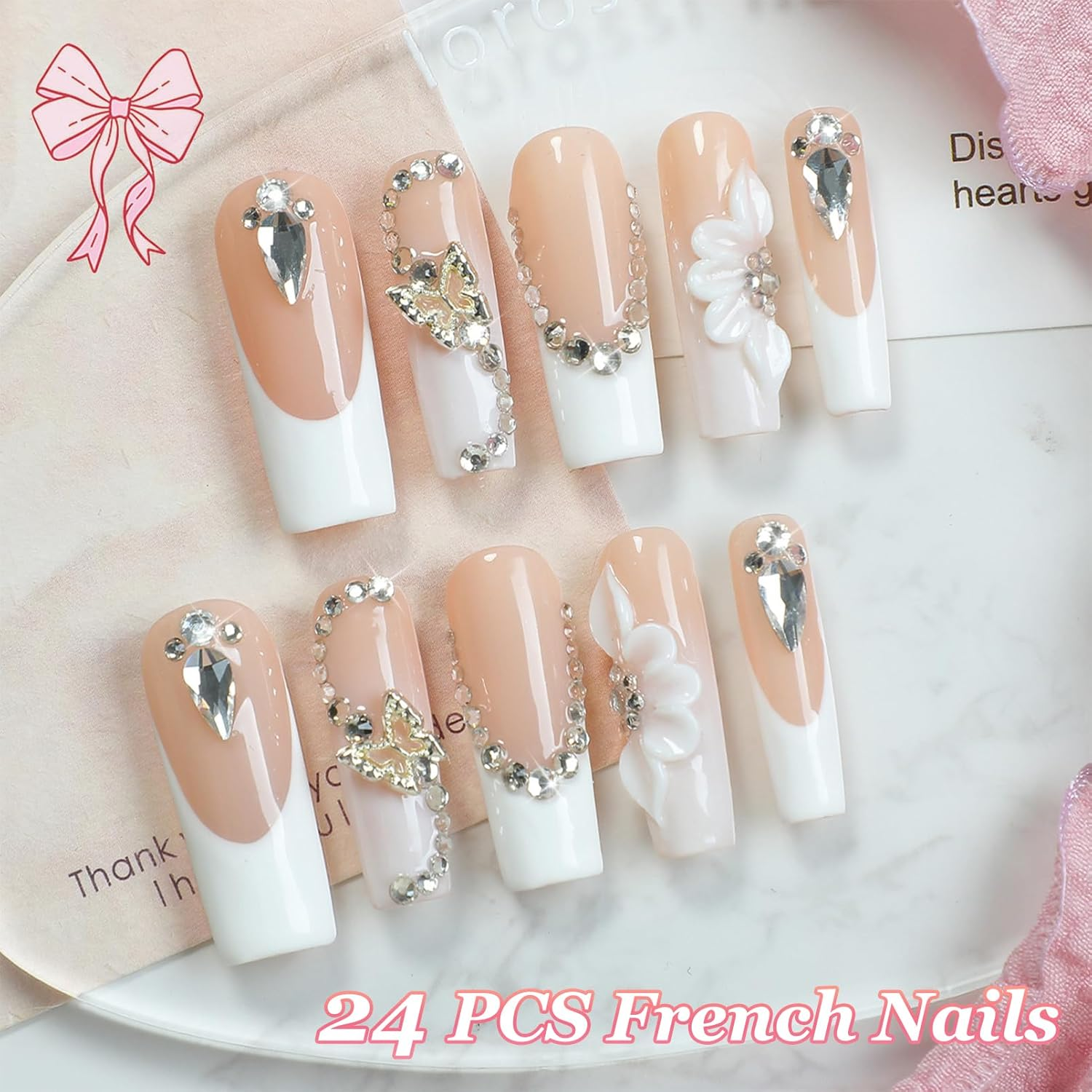 24 Pieces Long Ballerina White Fingernails for Sticking in French Nails - Press on Design with Rhinestones and Flowers, Acrylic Adhesive Fake Nail for Women Artificial Nails - Coffin False Nails image number 5