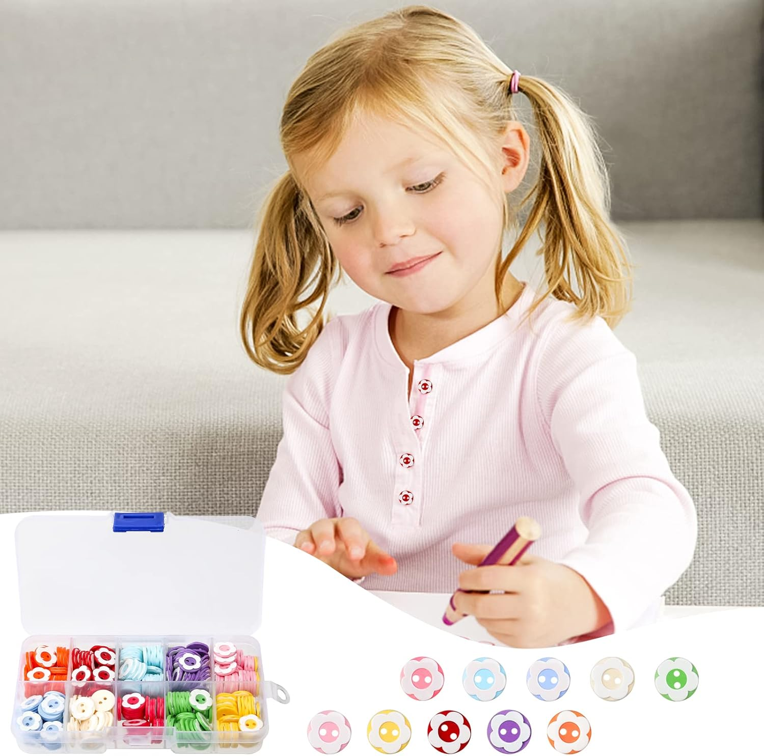 HXC 300 PCS Colorful Craft Buttons 2 Hole Double Flower round Resin Buttons for Sewing Knitting Crafting Baby Cardigans with Plastic Storage Box image number 2