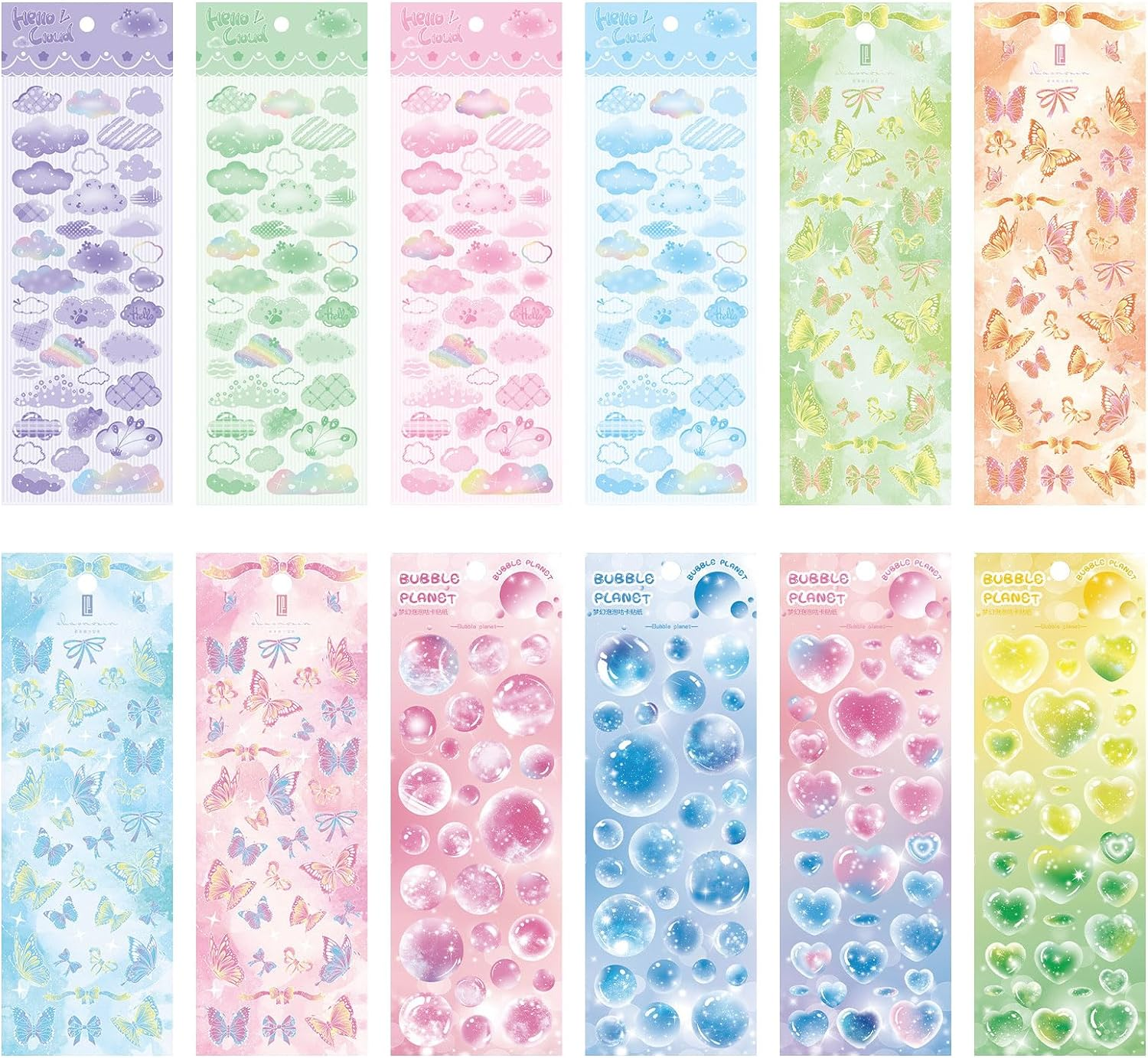 Bagentry 12 Sheets Colorful Deco Stickers, Self Adhesive Kpop Photocard Stickers, Cute Bubble Cloud Butterfly Craft Stickers for Scrapbook Journaling Binder Album Art DIY Cards