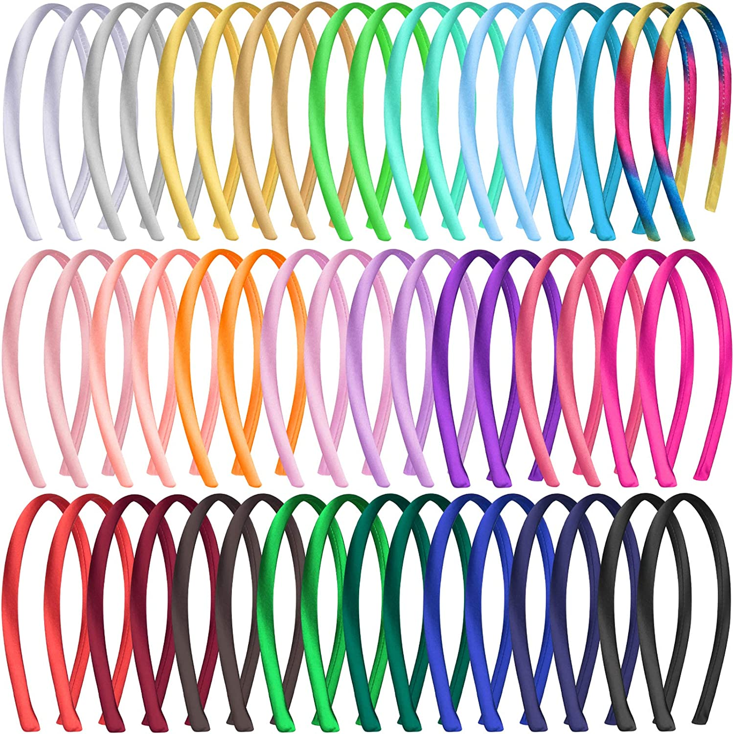 Duufin 50 Pieces Satin Headbands 1 Centimeter Ribbon Headband Non-Slip Colorful DIY Headbands for Women and Girls, 25 Colors