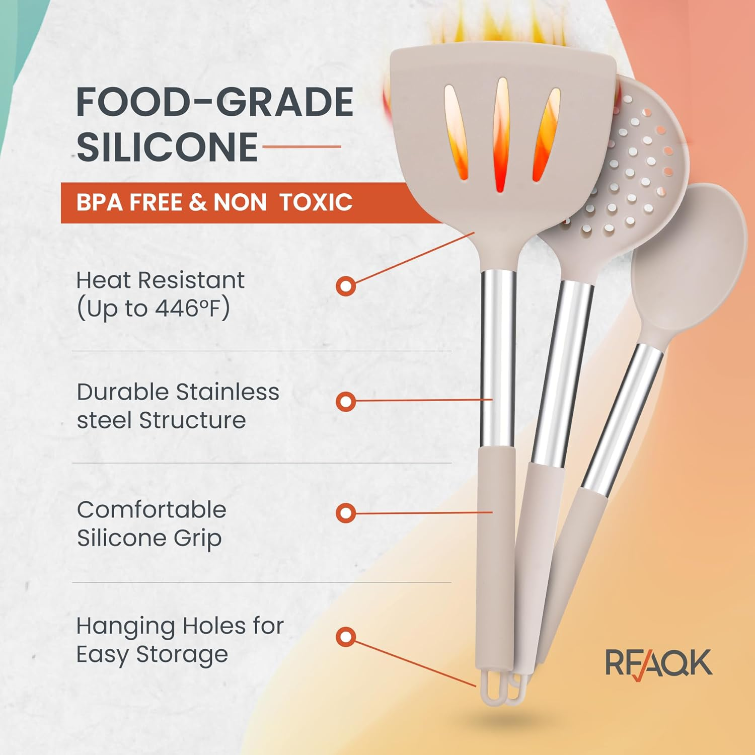 RFAQK Kitchen Utensils Set with Holder, 40Pcs Silicone Cooking Utensils for Nonstick Cookware,Heat Resistant Kitchen Tools & Gadgets with Can Opener,Potato Peeler,Tongs, Spatulas, (40 Pcs Khaki) image number 3