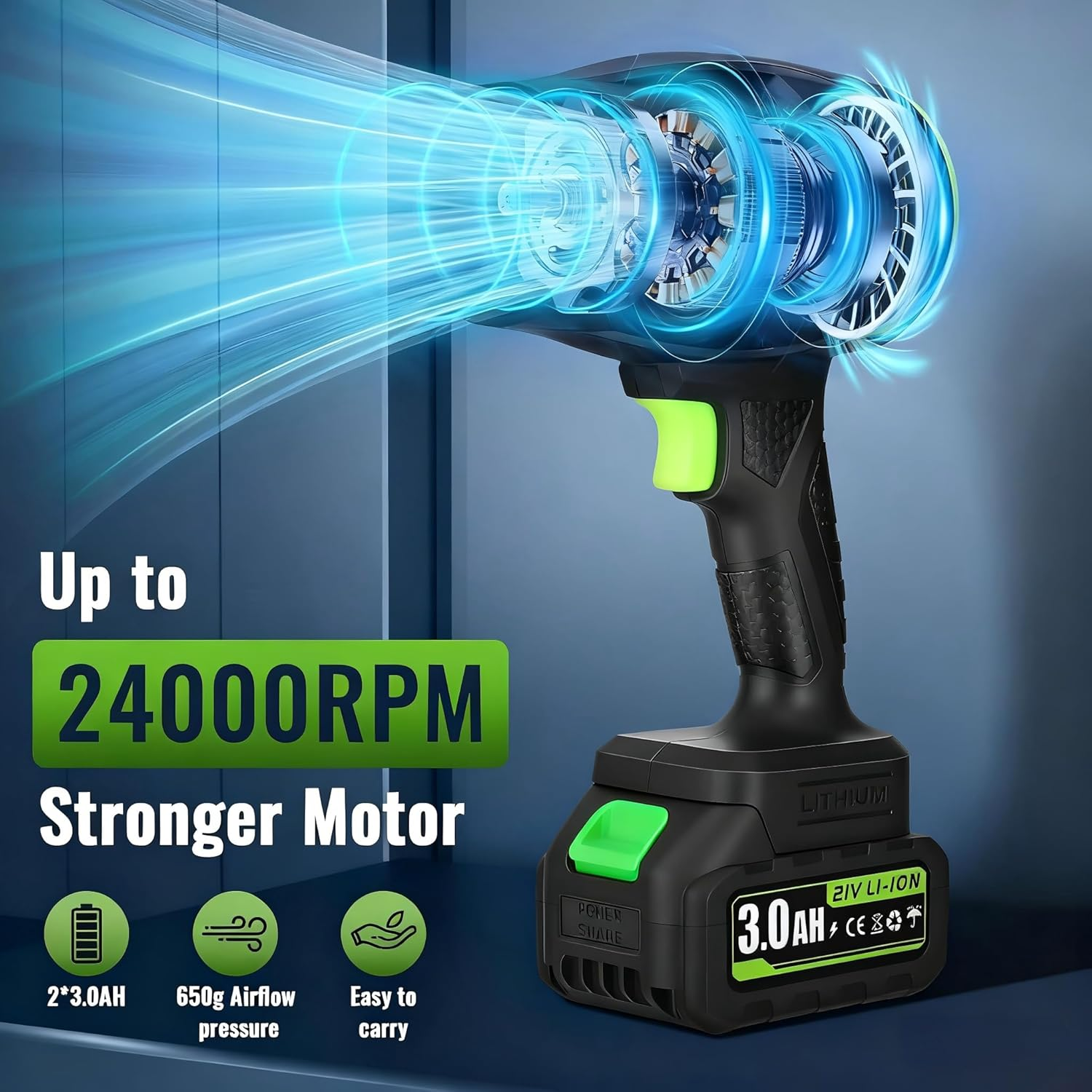 Electric Cordless Leaf Blower, 300000RPM Handheld Leaf Blower 2 X 1.5Ah Batteries and Charger Included, Lightweight Leaf Blowers for Patio Cleaning, Lawn Care, Blowing Leaves and Dust, Black image number 3