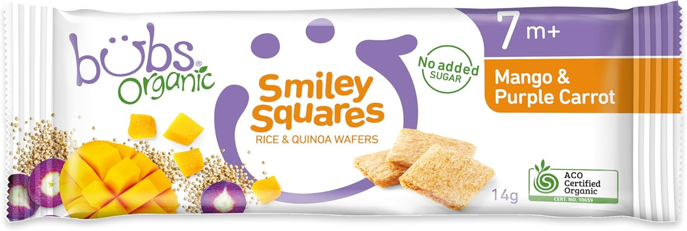 Bubs Organic Pear & Beetroot Smiley Squares, Rice & Quinoa Baby Snacks, for Babies 7+ Months, 14G (Pack of 3) image number 1