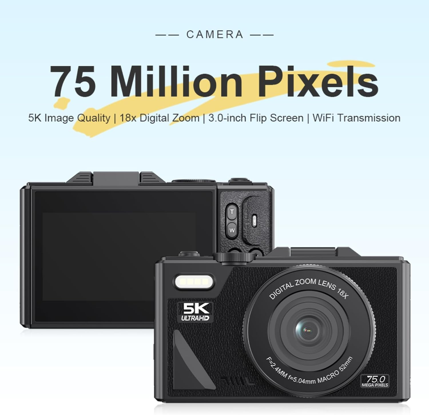 5K 75MP Digital Camera, with 18X Optical Zoom Stabilization, 3 Inch Flip Screen, Retro Digital Camera, Compact Camera, for Travel Photography Vlogging Family