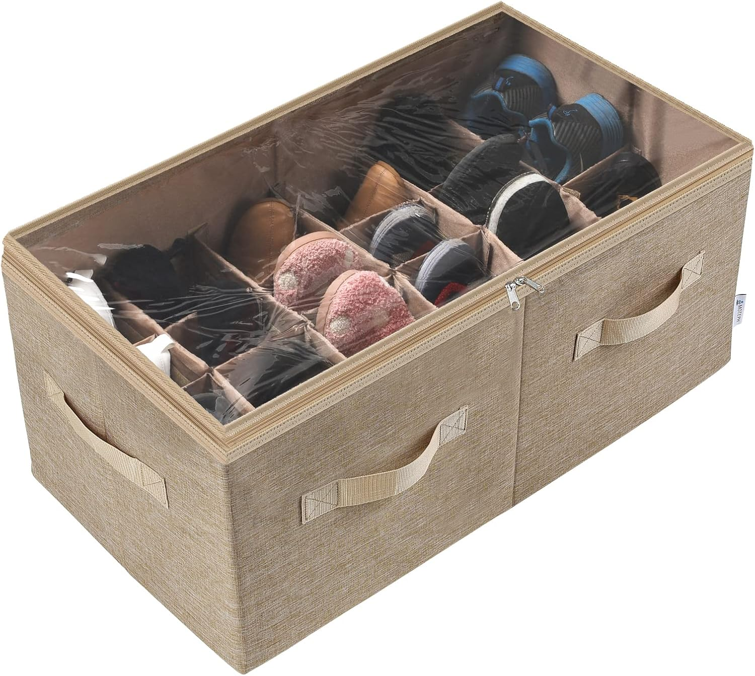 Moteph Shoe Organizer Closet Storage Solution with Clear Cover & Adjustable Dividers for Shoes, Handbags, Blankets, Linen, Clothing (Medium - 16 Pairs, Light Brown)