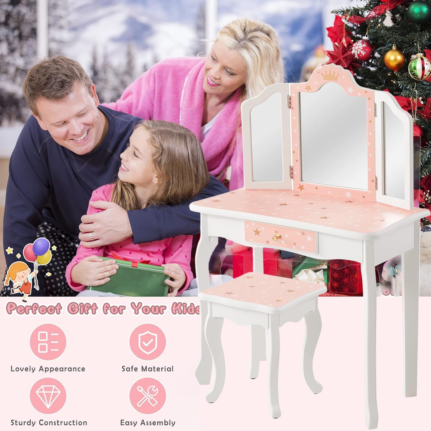 Kids Vanity Table and Chair Set, Princess Makeup Dressing Table with Detachable & Tri-Folding Mirror & Drawer, Anti-Tipping, 2 in 1 Kids Dresser for Kids Room, Christmas & Birthday image number 2