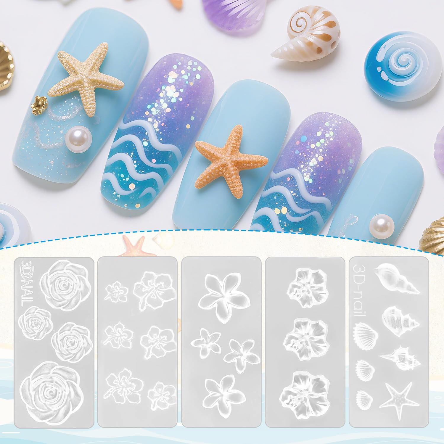10Pcs Silicone Nail Molds, 3D Flower Shell Plumeria Rose Daisy Nail Charm Molds Art Tools for 3D Acrylic Gel Nails Design Manicure Decoration image number 3