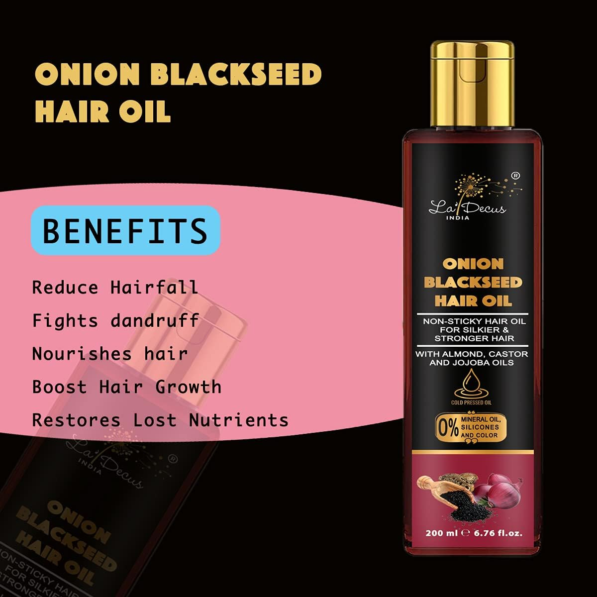 La&rsquo; Decus&reg; India Onion Black Seed Hair Oil | Enriched with Almond, Castor and Jojoba Oils | Promotes Hair Growth and Makes Stronger and Silkier Hair Pack of 200 Ml