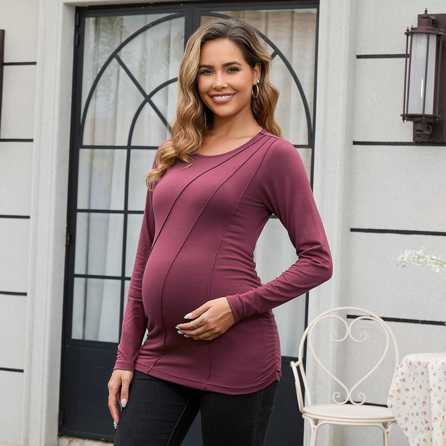 DEBELLY Maternity Long Sleeve Shirt Pleated Crew Neck Pregnancy Top for Women Side Ruched Work Lounge image number 3