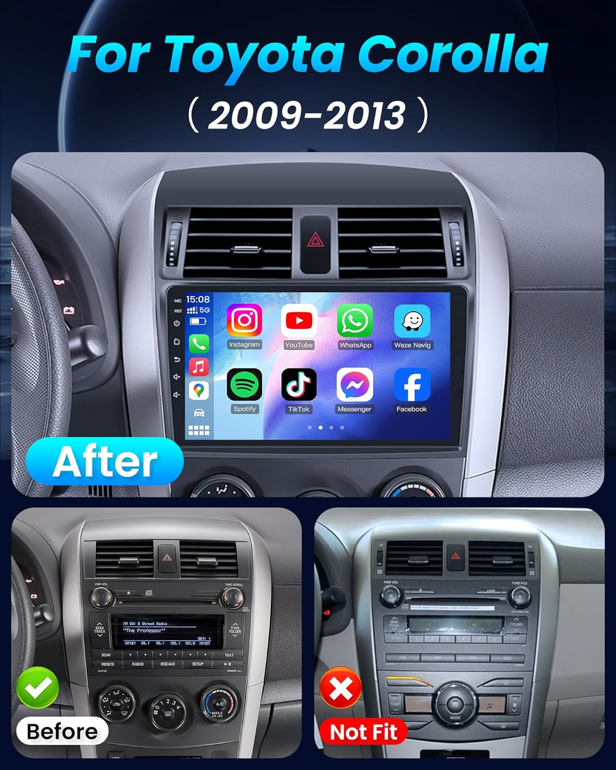 Car Radio for Toyota Corolla 2009-2013 : 2G+64G 9 Inch Touchscreen Stereo Head Unit Replacement with Wireless Carplay Android Auto, Built-In Bluetooth GPS Wifi FM SWC Mirror Link Backup Camera image number 5