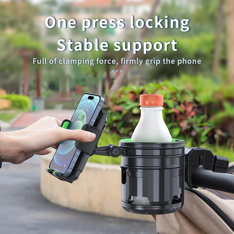 3-In-1 Stroller Cup Phone Holder Attachment, Universal Cup Holder with Adjustable Phone Mount, Double Cup Holder for Walker, Wheelchair, Fits Most Donna, Uppababy, Bugaboo, Anti-Slip & Easy Install image number 5